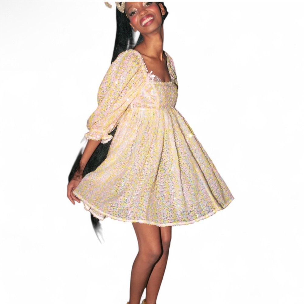 ⚡️SALE⚡️Altar’d State Rainbow Floral Sequin Puff Sleeve Dress